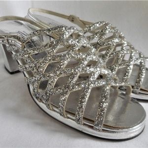 Vintage Imperial Silver Strappy Stack Heels 7 N